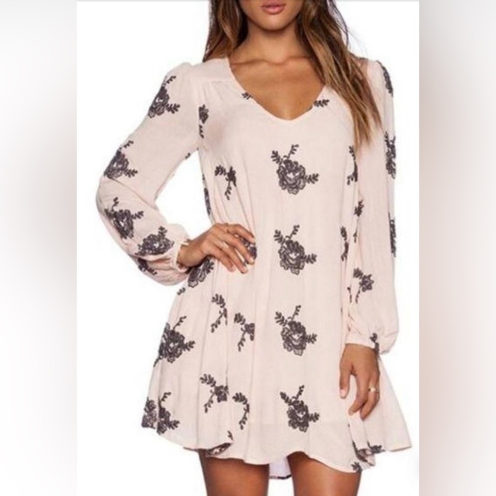 Free people Emma floral embroidered boho dress pink size S